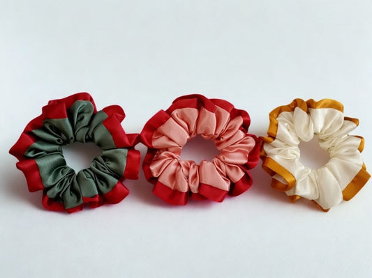 Premahs Satin Dual Tone Silk Scrunchies (Pack of 3) with reusable satin bag| Soft, Gentle Hair Ties | Anti-Frizz & No Tug for All Hair Types